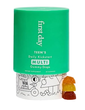 A bottle of First Day Teen's Daily Kickstart, a multivitamin for teens.